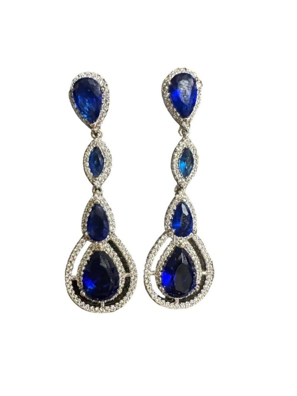 Boutique Sapphire Crystal Blue Tear Drop Dangle Earrings Formal Prom Bridal Halo